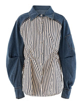 HEYFANCYSTYLE Women's Luxury Denim Fit Ruched Stripe Blouse
